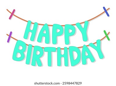 Bright Turquoise Happy Birthday Vector Garland Text with Colorful Clips for Festive Party Decor, Greeting Cards, and Celebration Designs with Playful Style, Vector Design

