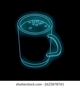 Bright turquoise neon mug with hot beverage glowing on black background