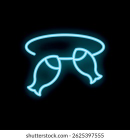 Bright turquoise neon sign showing two fish hanging from a fishing line, representing the concept of fishing and catching