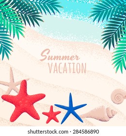 Bright turquoise sea, white sand background. Tropical beach frame with seashells, starfishes and palm leaves. Retro vector illustration. Place for your text. Design for poster, flyer, invitation, card