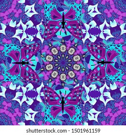 Bright turquoise seamless pattern (tiling) with leaves, flowers, fern and branches. Vector illustration. Seamless colorful pattern. Isolated on neutral, violet and blue.