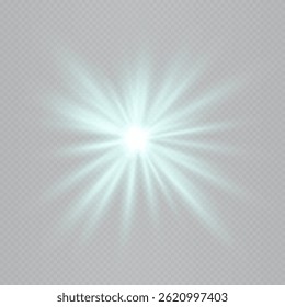 Bright turquoise star-shaped lens flare isolated on transparent background. Dynamic glow ideal for special effects, digital designs, sci-fi visuals. EPS vector illustration.