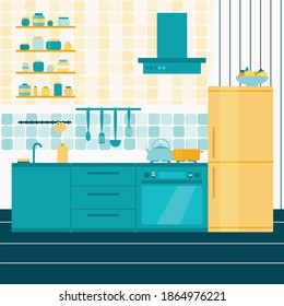 Bright Turquoise, Yellow Kitchen interior with furniture, stove, refrigerator, sink, kettle, saucepan, cooking tools and lemons. Place for storing jars. Cartoon and flat style. Vector.