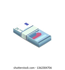 Bright twenty euro banknotes in stack in isometric view, pile notes isolated on white