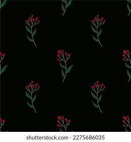 Bright twig with red berries on the dark background. Winter floral seamless pattern in the folk style. 