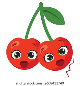 Bright twin cherries with expressive eyes and smiling faces, ideal for childrens materials, healthy eating themes, fruit labels, and fun summer designs