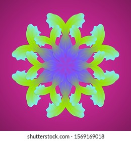 Bright two-layer mandala of iris petals in neon colors on a purple background