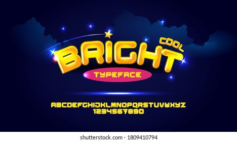 Brillante tipo ABC y figuras tipo de letra en amarillo, colores dorados para el diseño de cualquier niño la ilustración vectorial aislada en el fondo oscuro. Conjunto de símbolos tipográficos de letras de alfabeto.