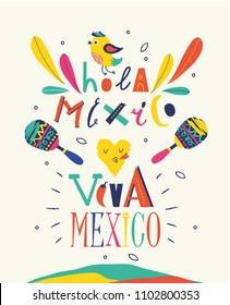 Bright typographic "Viva Mexico/Hola Mexico" and colorful illustrations in vector format.