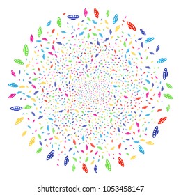 Bright UFO explosion spheric cluster. Vector round cluster bang created with randomized UFO items. Multi Colored Vector abstraction.