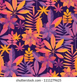 Bright ultraviolet tropical seamless pattern. Jungle leaves abstract repeatable motif for surface design. Modern foliage seamless pattern for background, wrapping paper, fabric.
