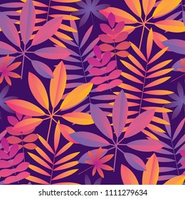 Bright ultraviolet tropical seamless pattern. Jungle leaves abstract repeatable motif for surface design. Modern foliage seamless pattern for background, wrapping paper, fabric.
