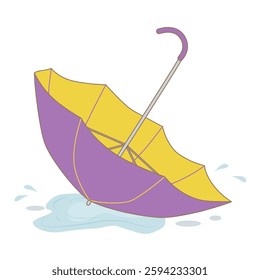 A bright umbrella fell into a puddle. Vector illustration on the theme of weather