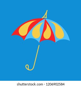  Bright umbrella in flat style on blue background.   Vector illustration.