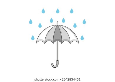 Bright umbrella under light rain in flat vector style, pastel tones and cute cartoon look, rainy weather scene perfect for digital backgrounds, textile prints, and seasonal decoration

