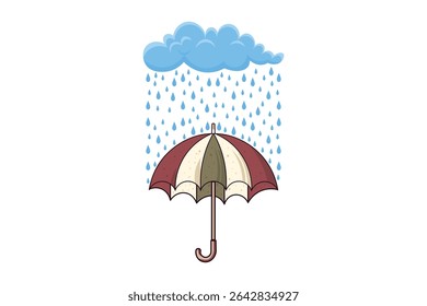 Bright umbrella under rain drops in flat design, pastel vector artwork, cartoon rainy weather scene for children, print decoration, background, and creative illustrations

