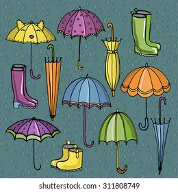 Bright umbrellas and gumboots against rain drops. Pretty accessories for rainy weather.Vector illustration.