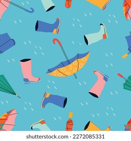 Bright umbrellas, rubber boots, raindrops. Soft aqua blue pastel color seamless pattern. Spring mood. Beautiful vector design for web and print.	