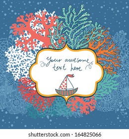 Bright underwater concept card in vector. Stylish background made of colorful corals