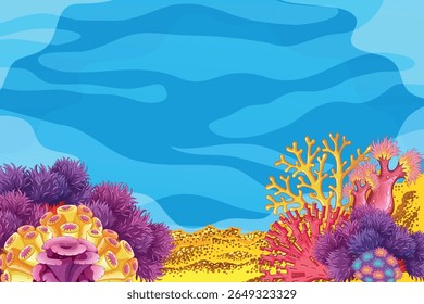 Fundo brilhante de recifes de corais subaquáticos com várias plantas marinhas, esponjas e texturas oceânicas. Ideal para projetos com temas marinhos, projetos infantis ou materiais educacionais.