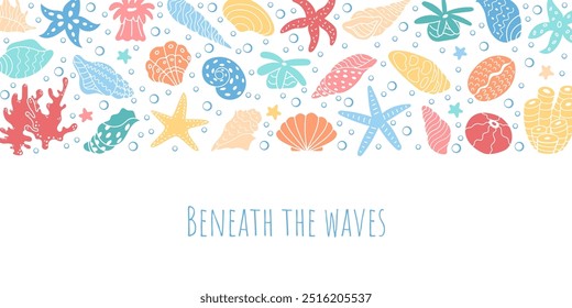 Bright underwater graphic with corals and seashells. Text Beneath the Waves highlighting the ocean reef marine life. Colorful sea, water, and reef elements at background design collection.