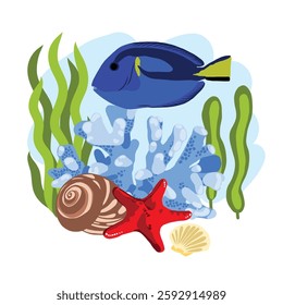 A bright underwater illustration featuring a blue tang fish swimming near a blue coral reef, seaweed, seashells, and a red starfish. This vibrant vector artwork showcases the beauty of tropical marine