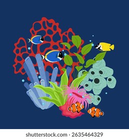 Bright underwater scene with various tropical fish swimming among colorful corals, sea plants, and anemones in a cartoon style.