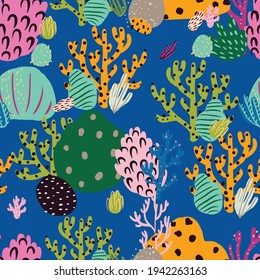 Bright underwater seamless pattern with beautiful corals.