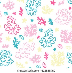 Bright underwater seamless pattern with beautiful corals.  Vector backdrop. Use for wallpaper,pattern fills, web page background, children's fabrics.