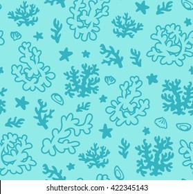 Bright underwater seamless pattern with beautiful corals.  Vector blue backdrop. Use for wallpaper,pattern fills, web page background, children's fabrics.