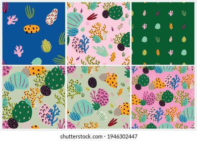 Bright underwater seamless pattern set with beautiful corals.