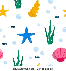 Padrão de vetor subaquático brilhante com estrelas-do-mar coloridas, conchas, algas marinhas, bolhas e peixes pequenos. Perfeito para o tecido de verão ou design de papel de parede.
