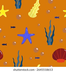 Bright underwater vector pattern with colorful starfish, shells, seaweed, bubbles and small fish. Perfect for summer fabric or wallpaper design.

