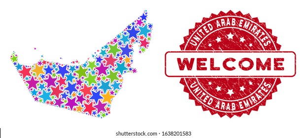 Bright United Arab Emirates map composition of stars, and grunge rounded red WELCOME stamp. Abstract territory plan in colorful color hues. Vector United Arab Emirates map is formed of colorful stars.