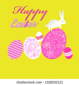 Bright unusual decorative greeting card for Happy Easter with eggs and a rabbit
