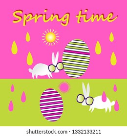 Bright unusual decorative greeting card for Happy Easter with eggs and a rabbit