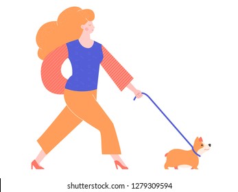 Bright unusual girl character on a walk with a dog. Vector illustration isolated on white background.