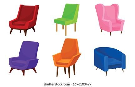 Bright Upholstered Armchairs and Chairs Isolated on White Background Vector Set