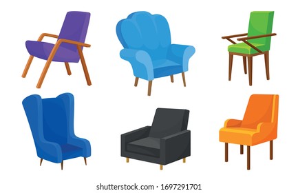 Bright Upholstered Armchairs and Chairs Isolated on White Background Vector Set