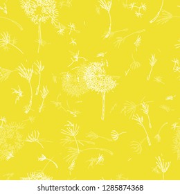 Bright and uplifting seamless pattern of windblown Dandelions on Lemon Yellow Background-Vector