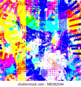 Bright urban texture. Abstract seamless pattern for boys. Gunge colorful background. For sport clothes. Dots and stripes. 