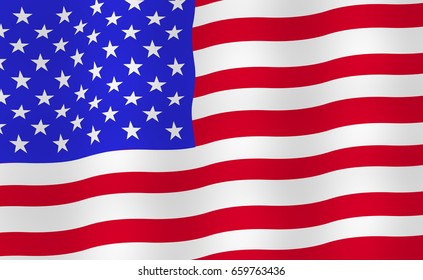 Bright USA flag background. Realistic fluttering flag with shadows. Vector, eps 10. 