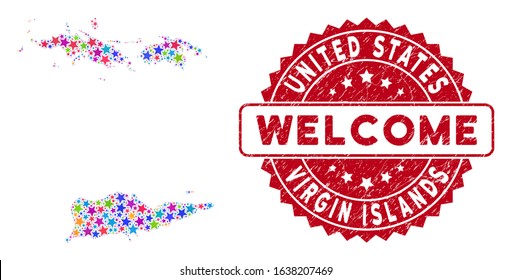 Bright USA Virgin Islands map collage of stars, and scratched rounded red WELCOME stamp. Abstract geographic scheme in bright color hues. Vector USA Virgin Islands map is shaped of color stars.