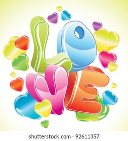 Bright Valentine background with 3d love and glossy hearts, vector, EPS10