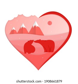 Bright valentine card with two polar bears in love isolated on white background. Postcard specially for Valentine's Day in red. Vector illustration