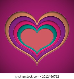 Bright Valentine in the style of material design, depicting a few of the contours in the shape of a heart cut out of color paper in the style of 80s. For fashion design on the theme of Valentine's day