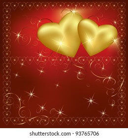 Bright Valentine's  Day background  with golden  hearts  and decorations. There is a frame and place for text.