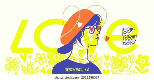 Bright Valentine's Day design featuring a stylish figure with an orange hat, heart-shaped glasses, vibrant yellow "LOVE" typography, and floral accents.