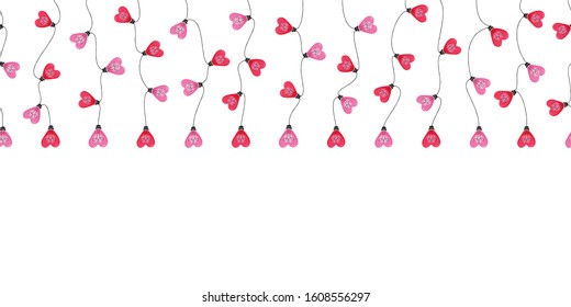 Bright Valentine's Day Holiday Intertwined Heart Shape String Hanging Lights on White Background Vector Seamless Horizontal Border Pattern. Cute Festive Love Background. Girly Print