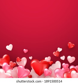 Bright Valentine`s day or Mother`s day background. Groupe of glossy red hearts. Vector